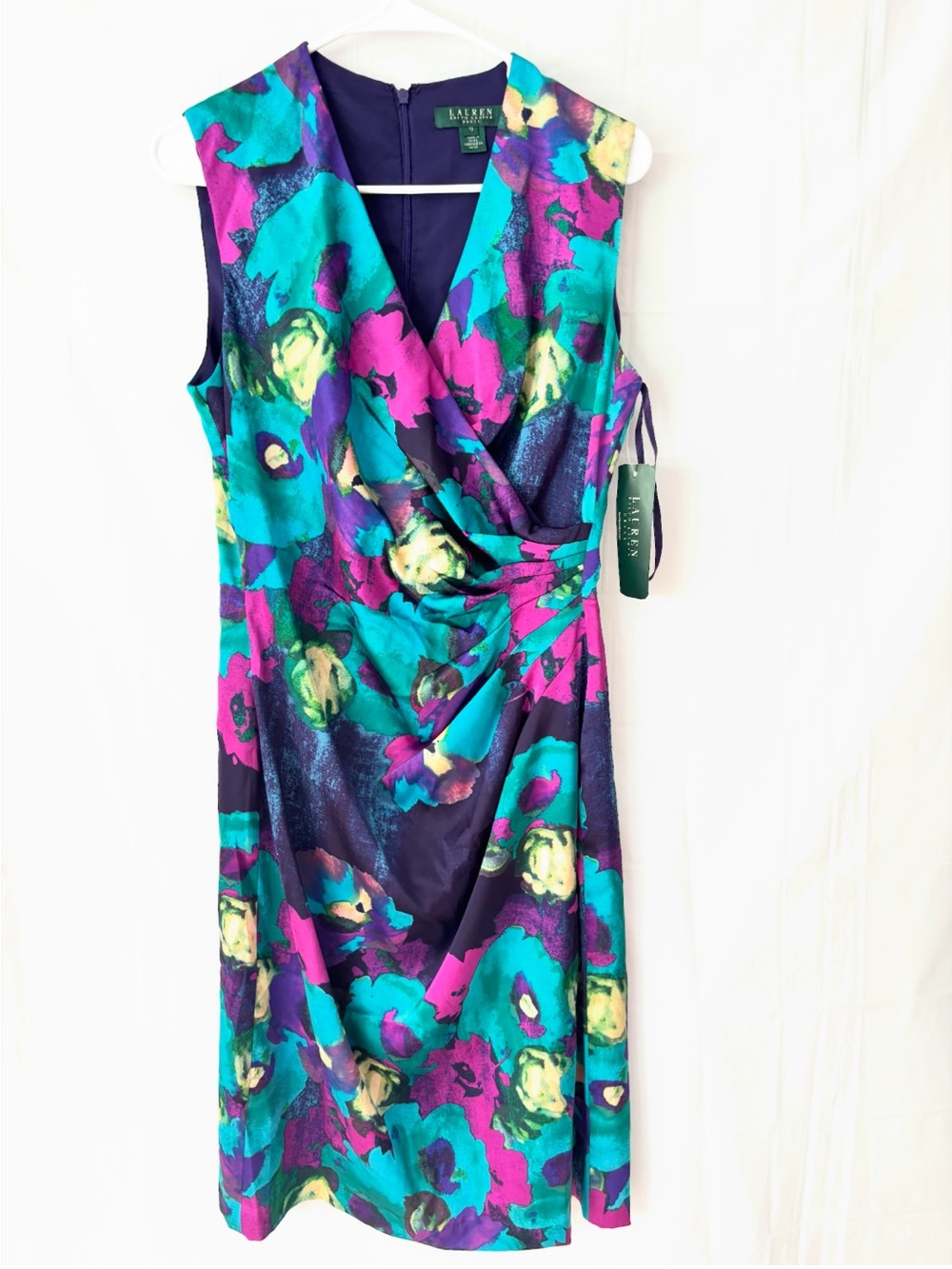 NWT Lauren Ralph Lauren Turquoise Pink Floral Abstract Ruched Sheath Dress SZ 10